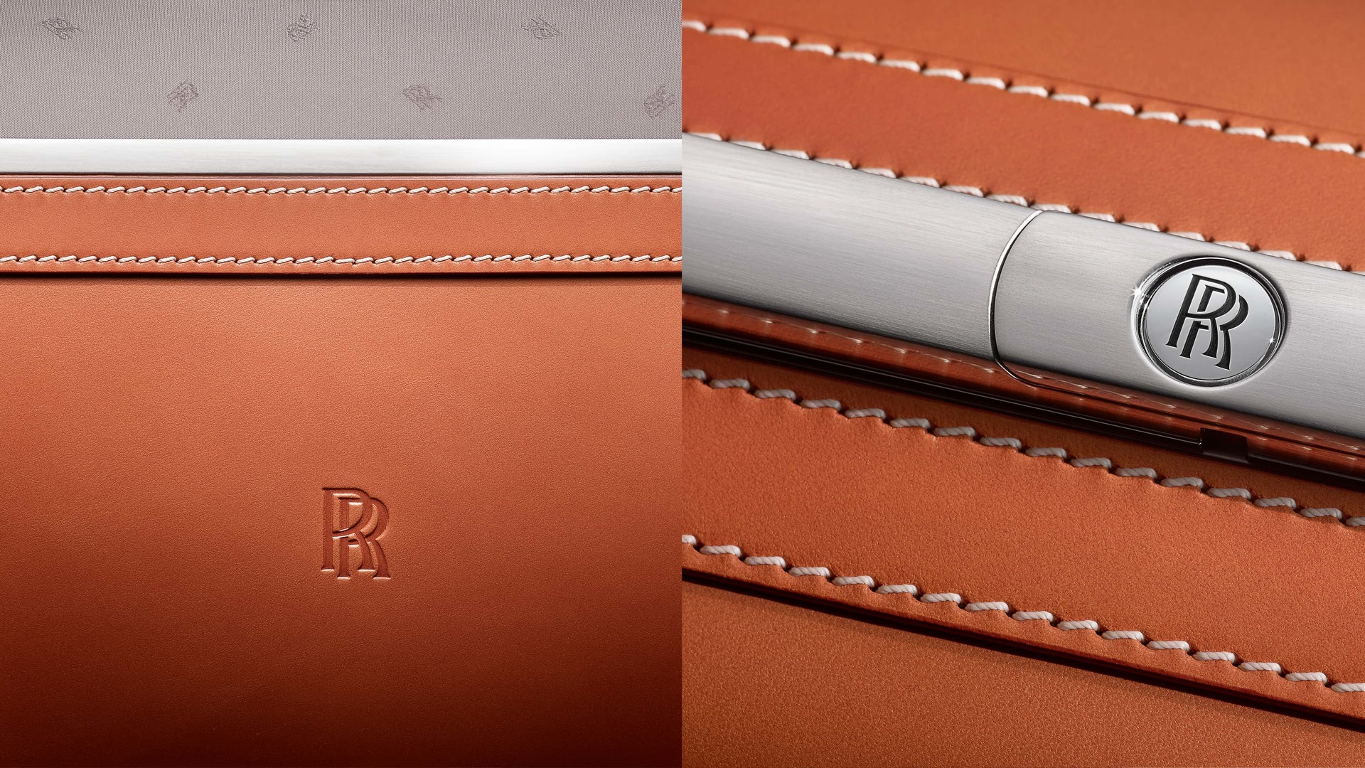 A closeup of the leather and metallic details on the handcrafted Rolls-Royce Phantom Luggage