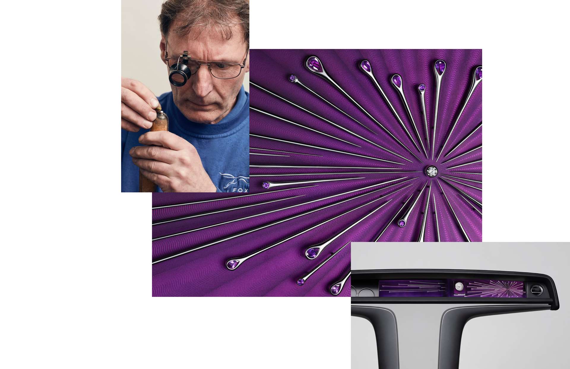 Phantom Gallery Astrum, a concept featuring a diamond set in platinum surrounded by silver star bursts set with amethysts, designed by Alex Innes