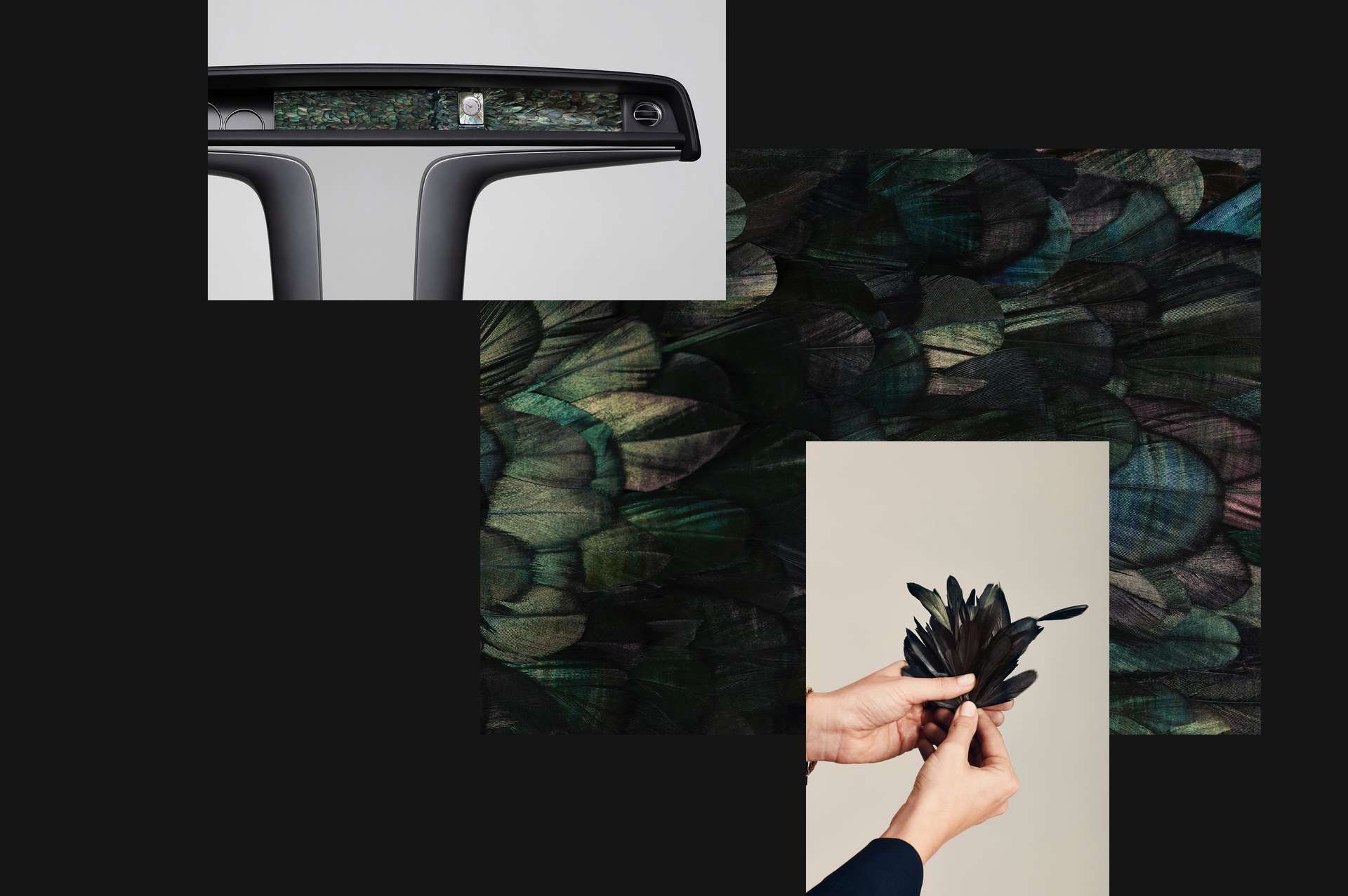 A bespoke artwork created by Swiss materials specialists Nature Squared, featuring over 3,000 iridescent tail feathers