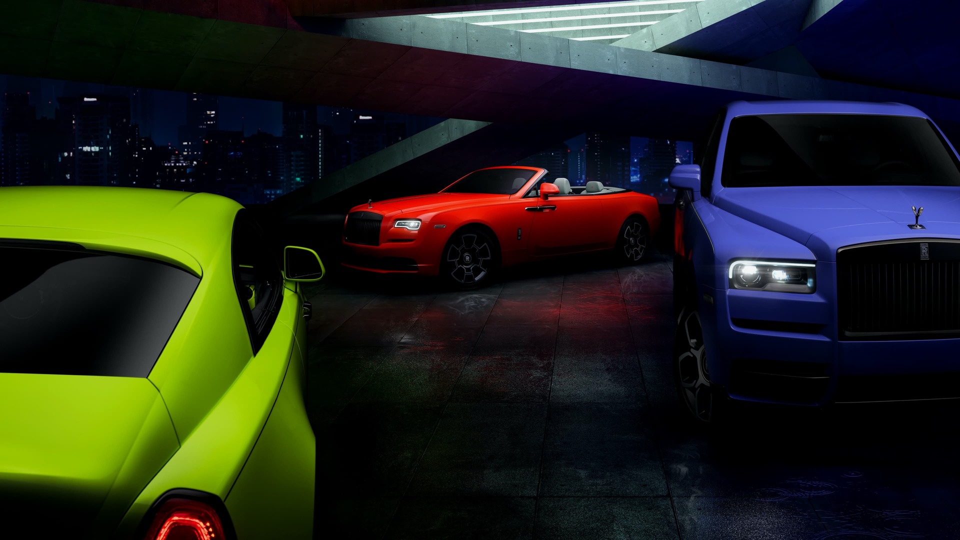 Collection of 3 distinctly coloured Rolls Royce in a neon night backdrop