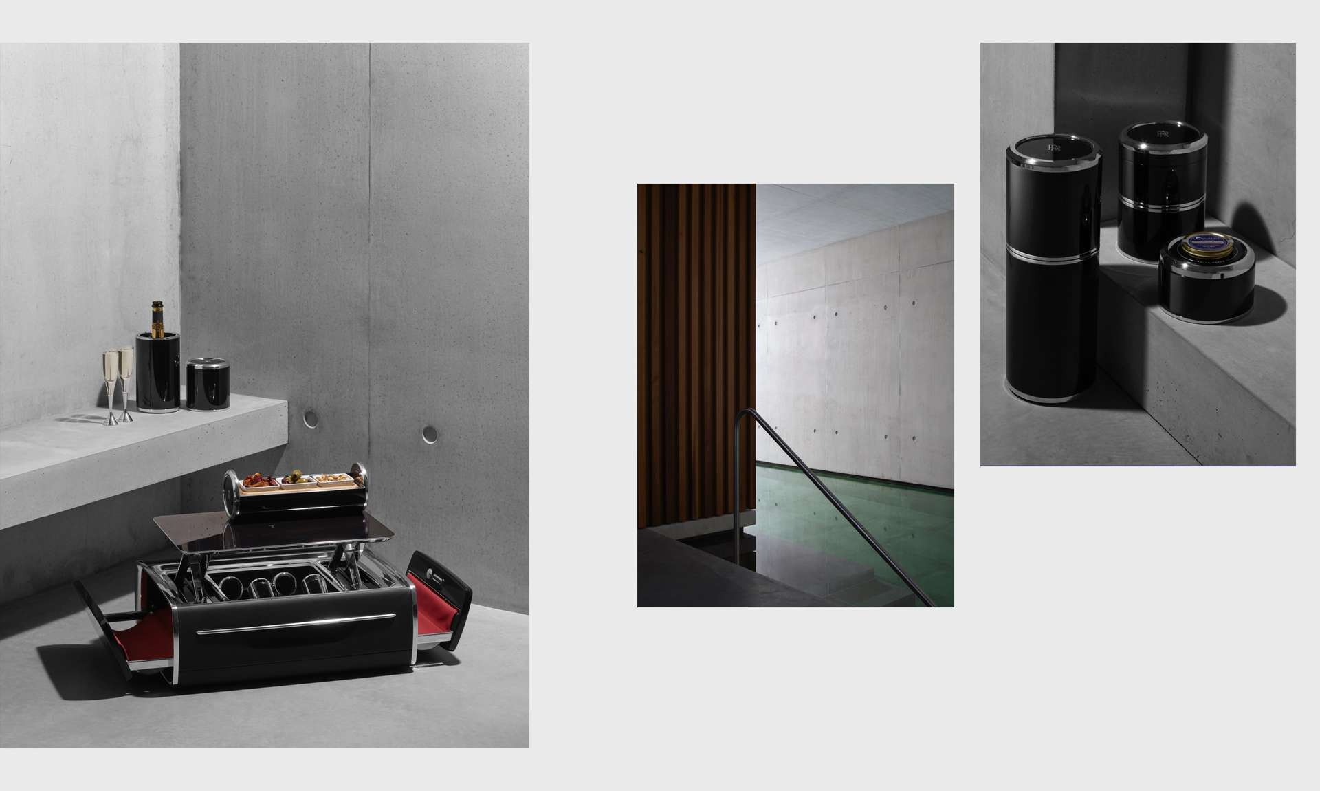 Exterior of an opened Rolls-Royce champagne chest with the appliances and an interior swimming pool.
