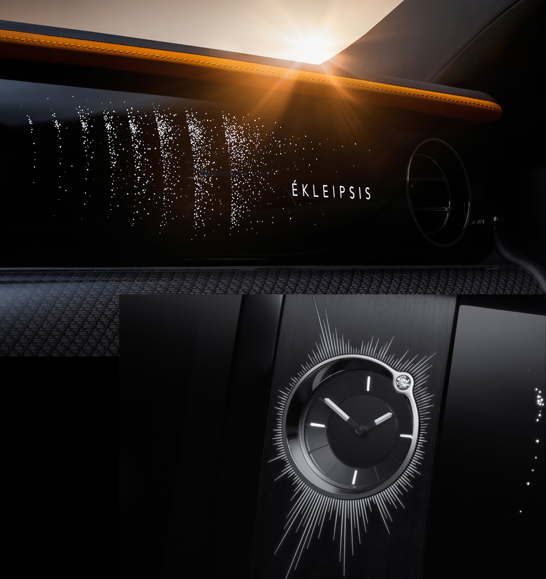 Close up of Black Badge Ghost Ekleipsis Diamond Ring Fascia and clock and sunbeams shining on