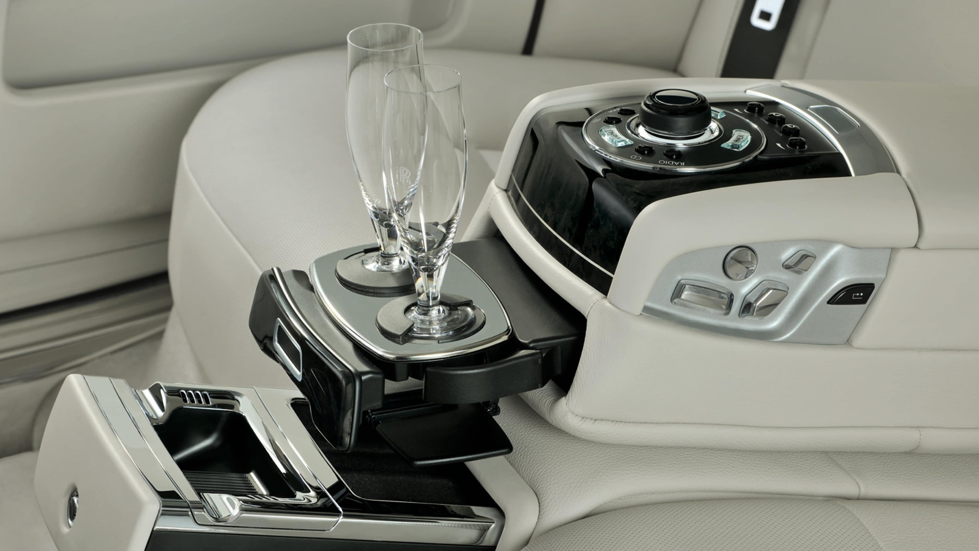 The Rolls-Royce illuminated interior coolbox available with glass holder to secure champagne flutes