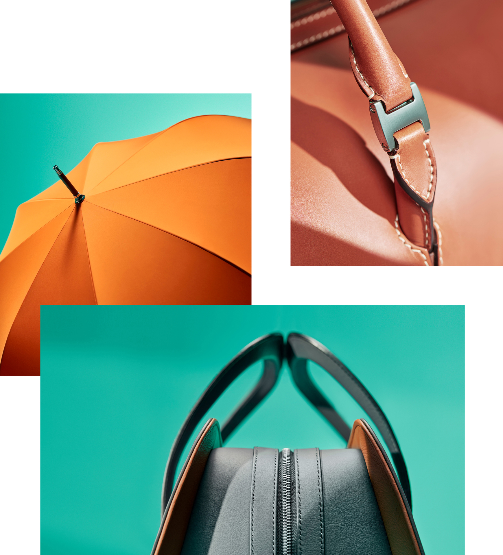 A collage of Rolls-Royce accessories displaying details Rolls-Royce umbrella, Icon Luggage and Kinetic Luggage collection