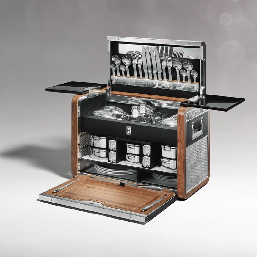 The handcrafted Rolls-Royce Picnic Hamper features everything essential for the finest picnic for four people