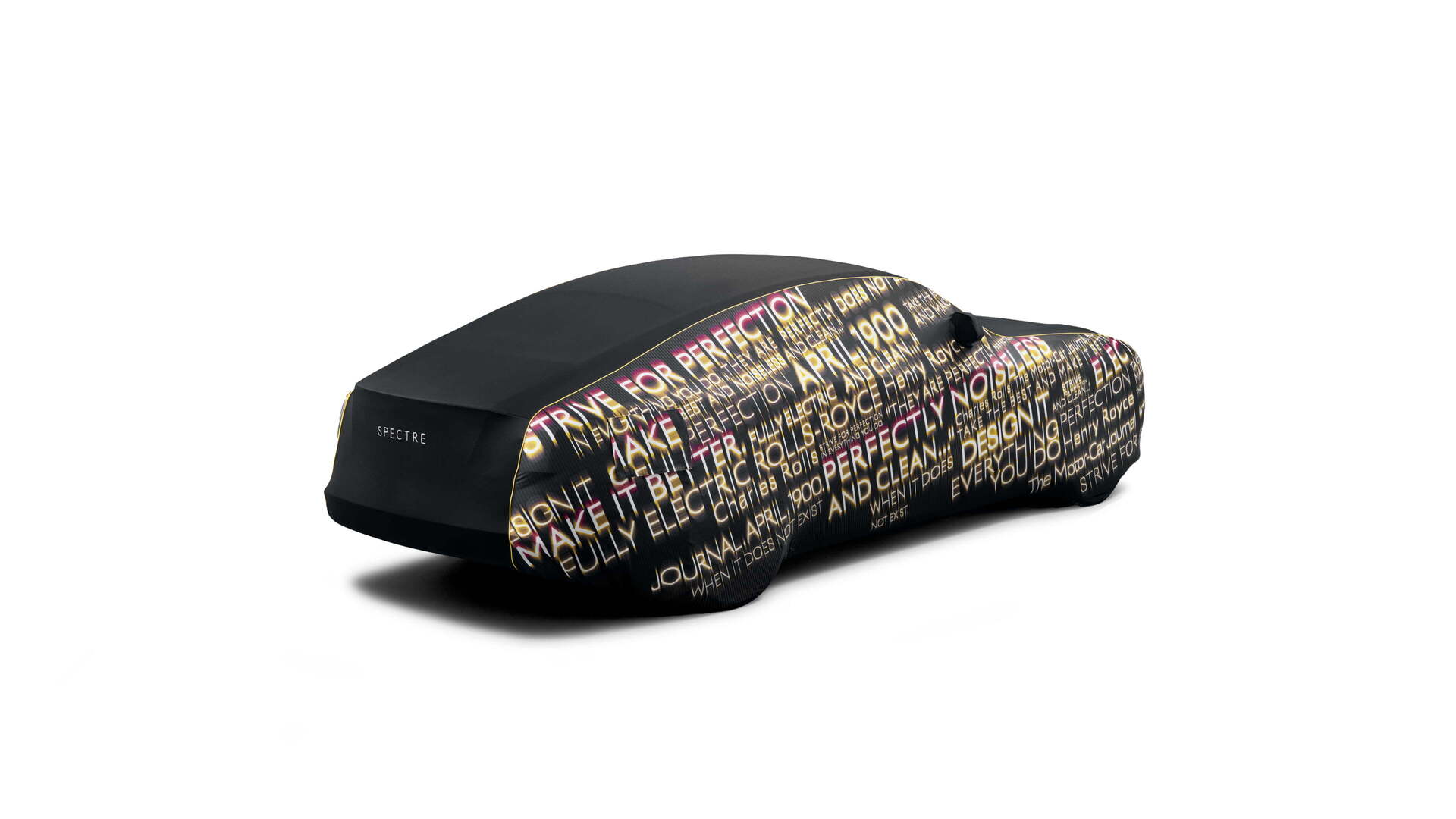 Back view of the Spectre printed indoor car cover with Spectre embroidered on it