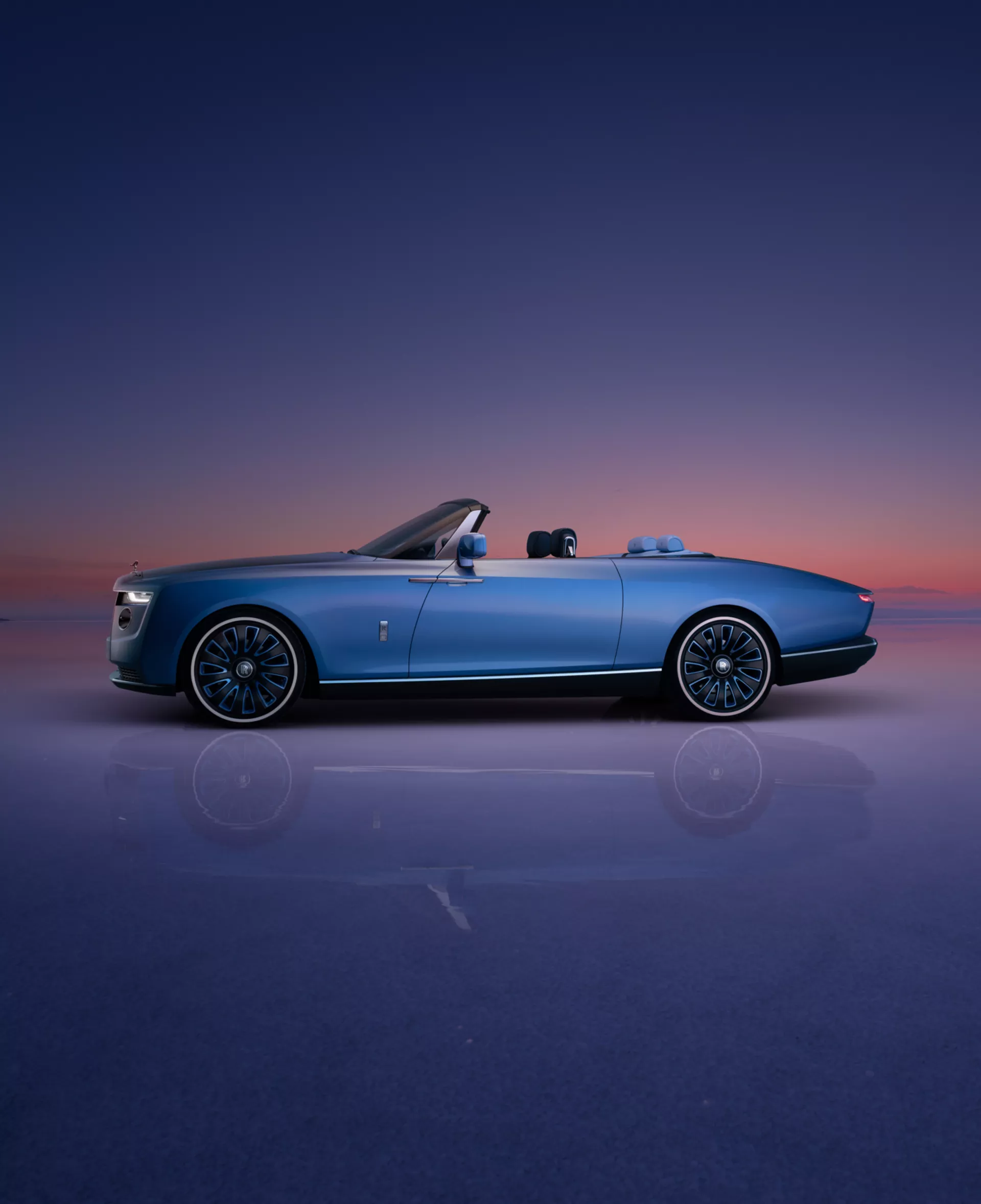 left side of the Boat Tail reflecting off the salt flats with the coupe open