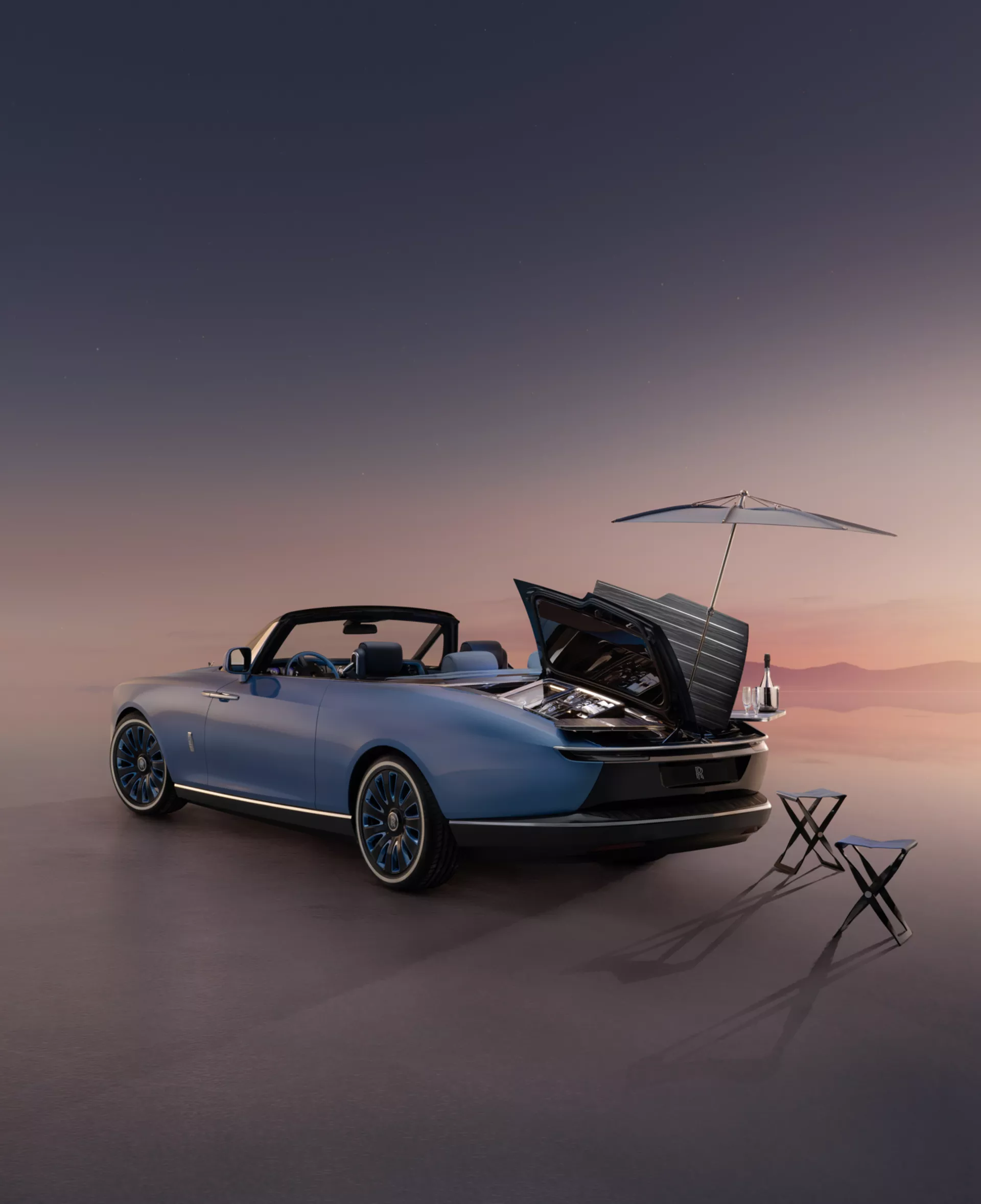 The Boat Tail on the salt flats with the rear panniers and parasol opened 