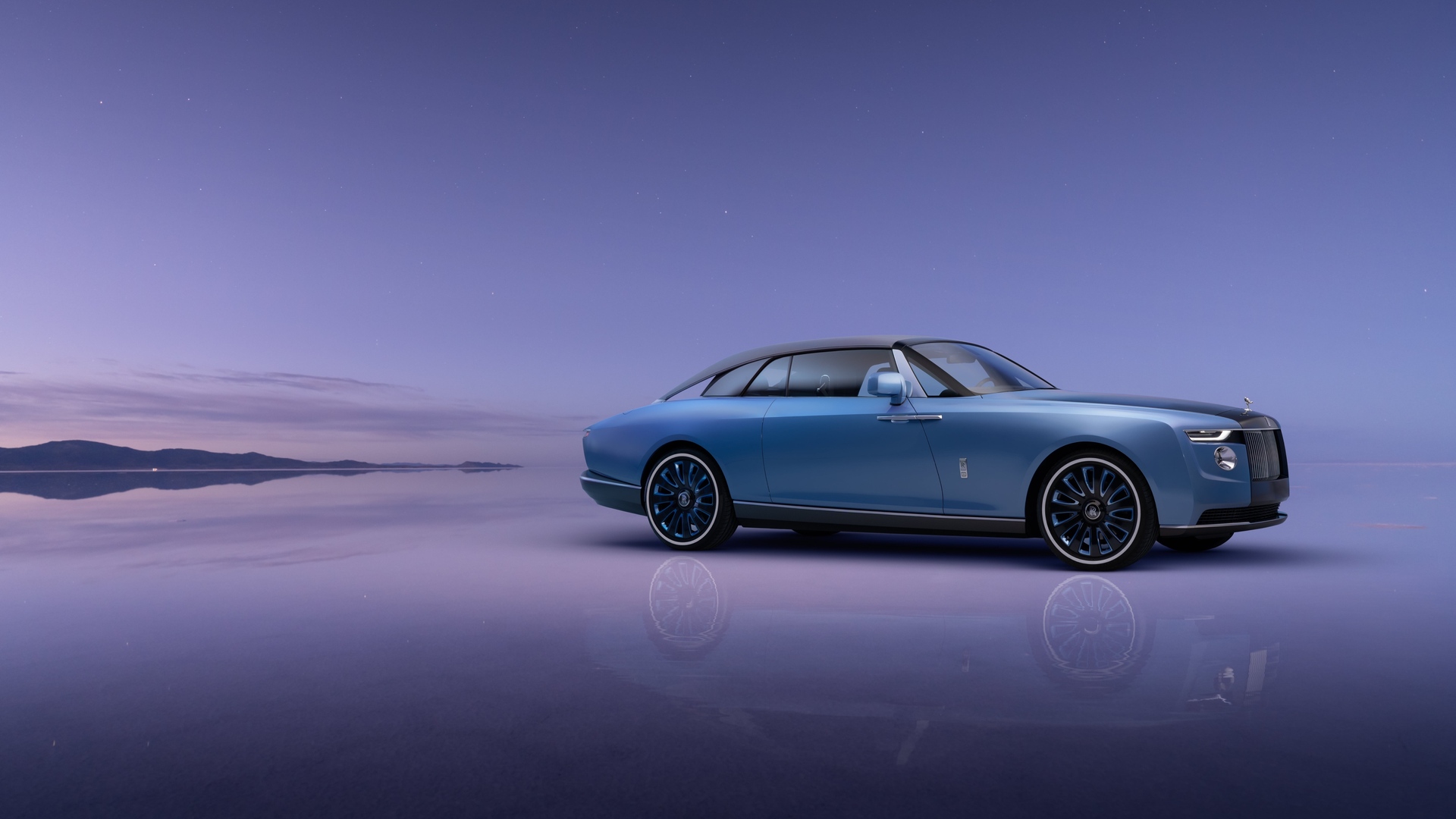 right side of the Boat Tail reflecting off the salt flats with the coupe closed