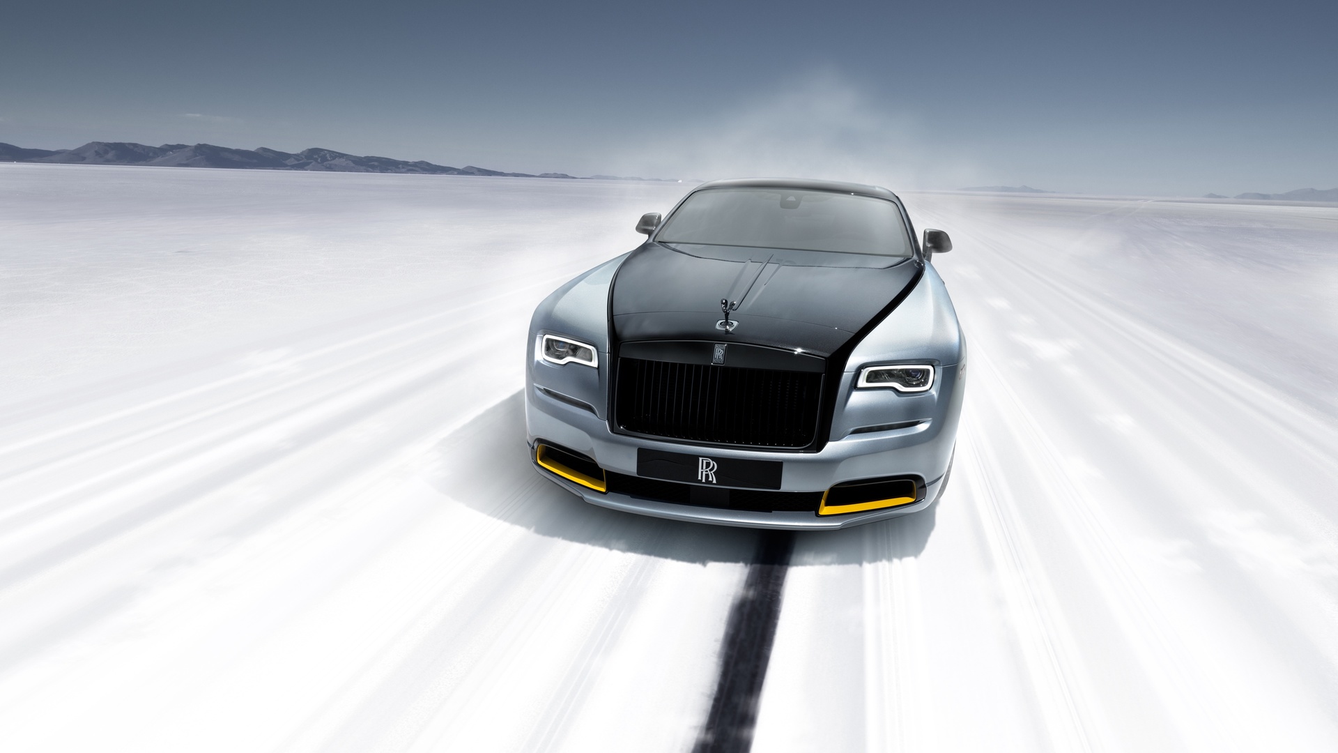 Close up of the front Wraith Landspeed racing down the salt flats on the black painted line
