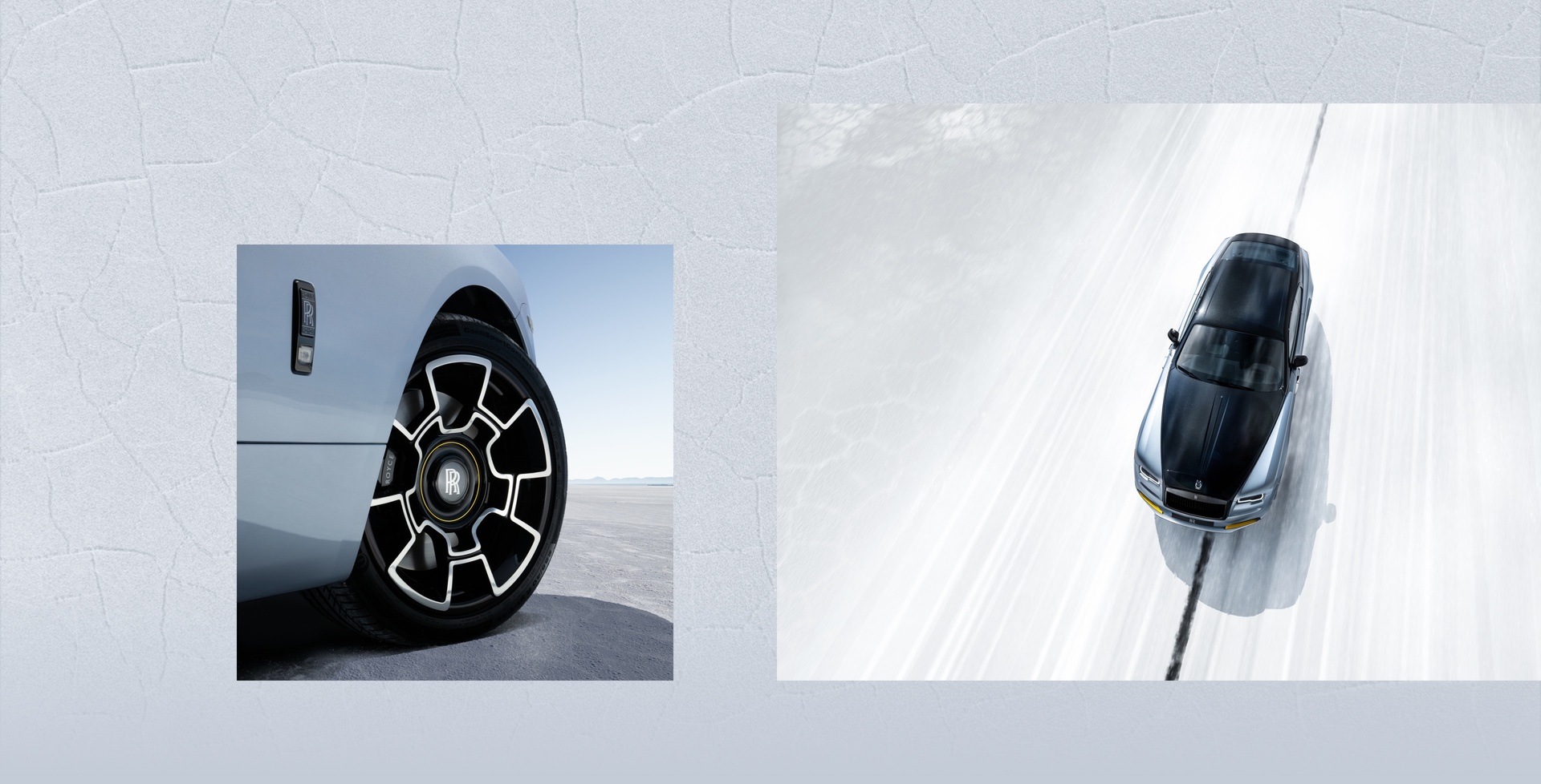 Collage of the Wraith Landspeed overhead of the Wraith racing on the salt flats and close up of the Wraith black badge wheels