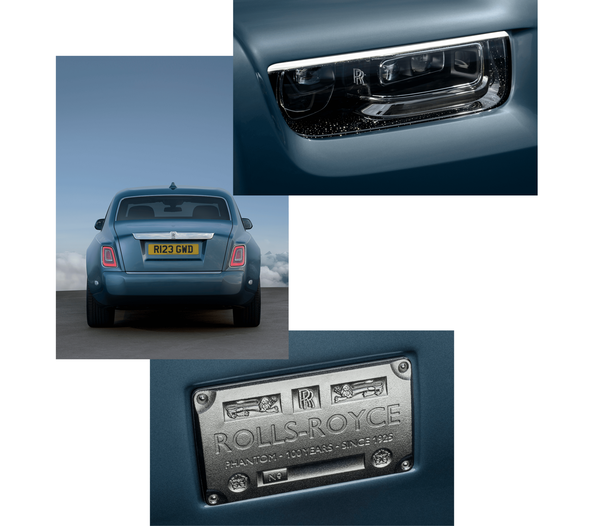 Three image colleague of the tail of the Phantom, close up of the headlight, and an engraved Rolls-Royce badge on the car.