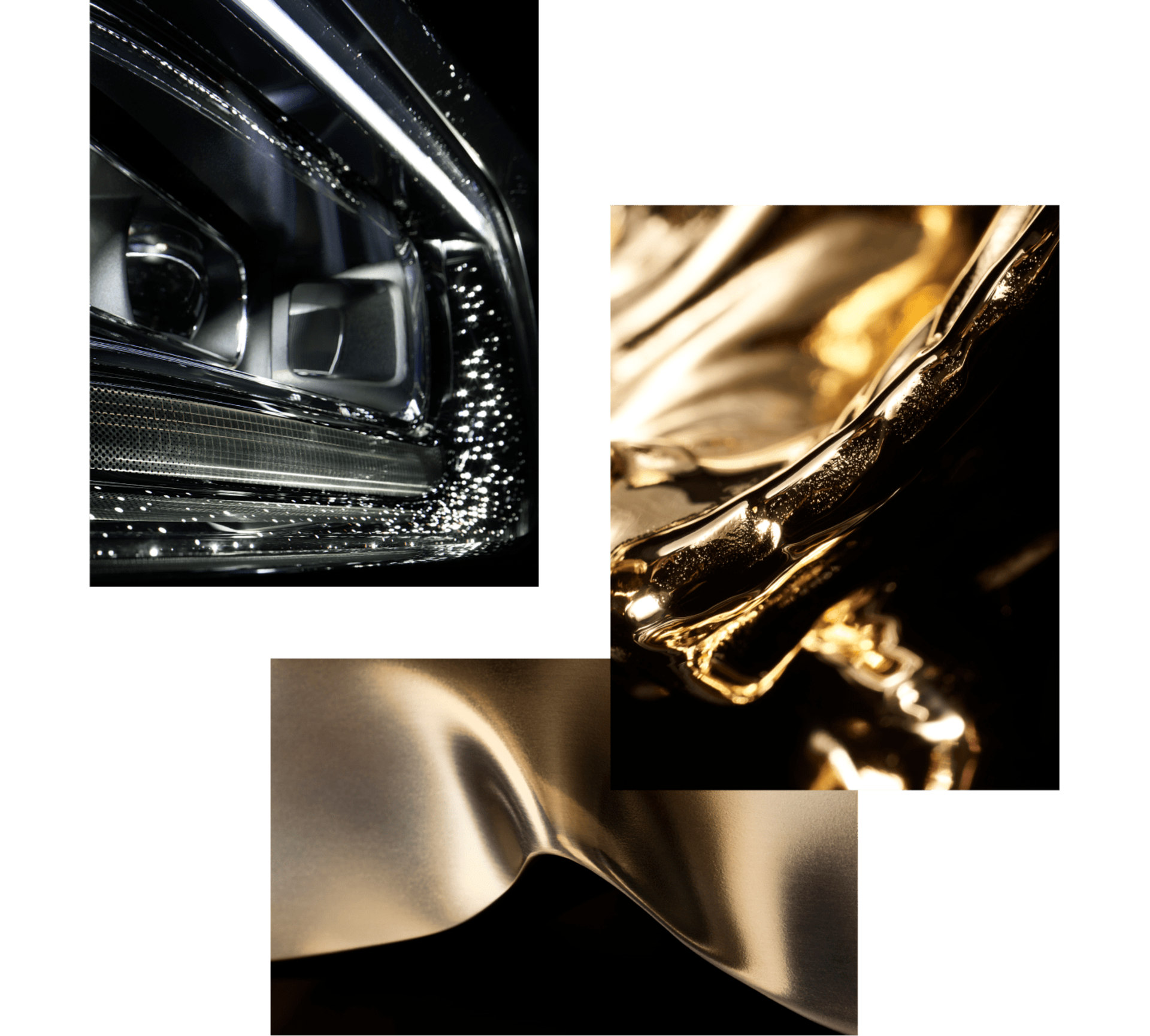 Collage of three images displaying details of the exterior of a Rolls-Royce Phantom Extended car