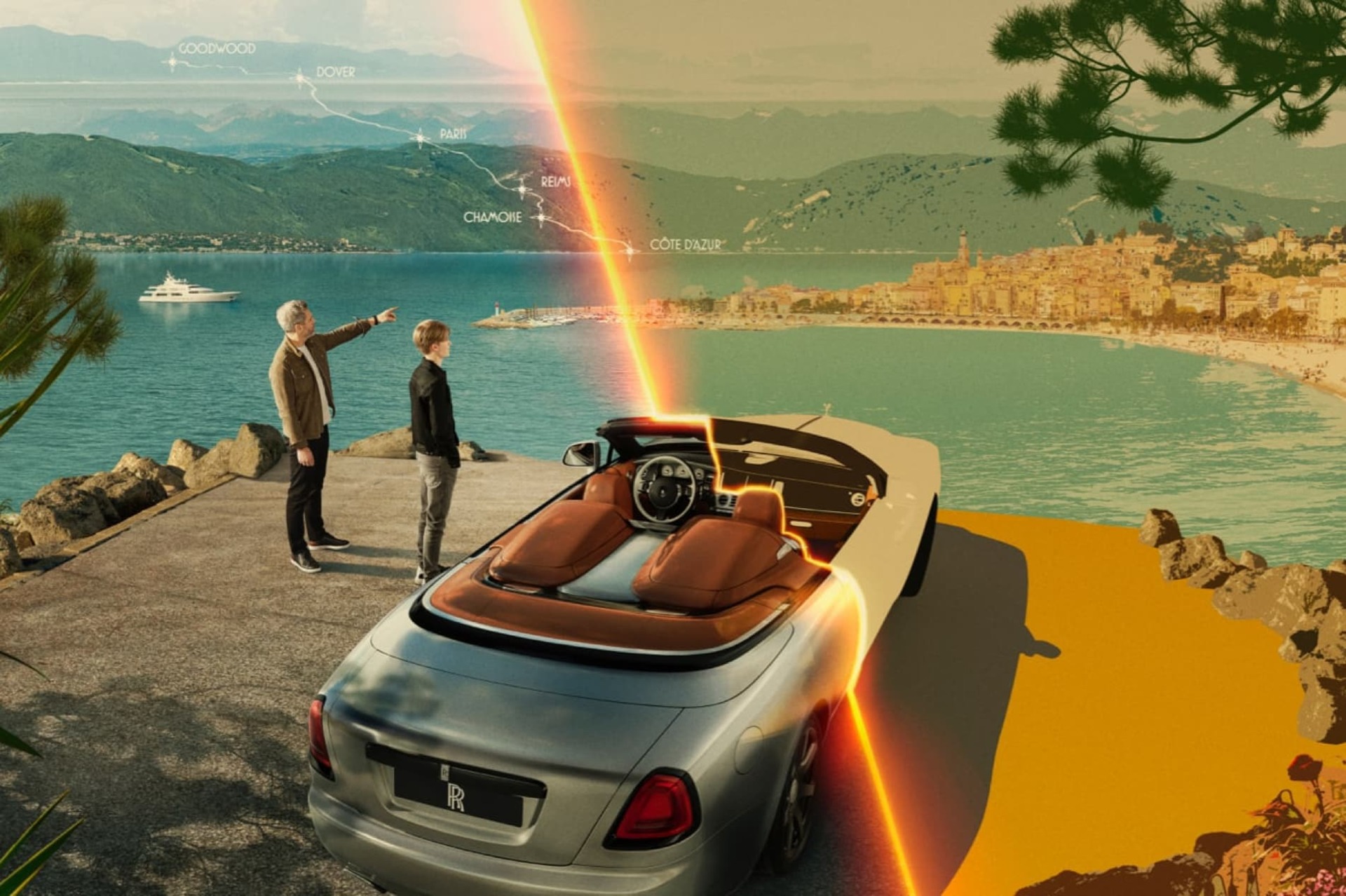 Father and son standing beside Bespoke Rolls-Royce Dawn Silver Bullet motor car looking over the French Riviera