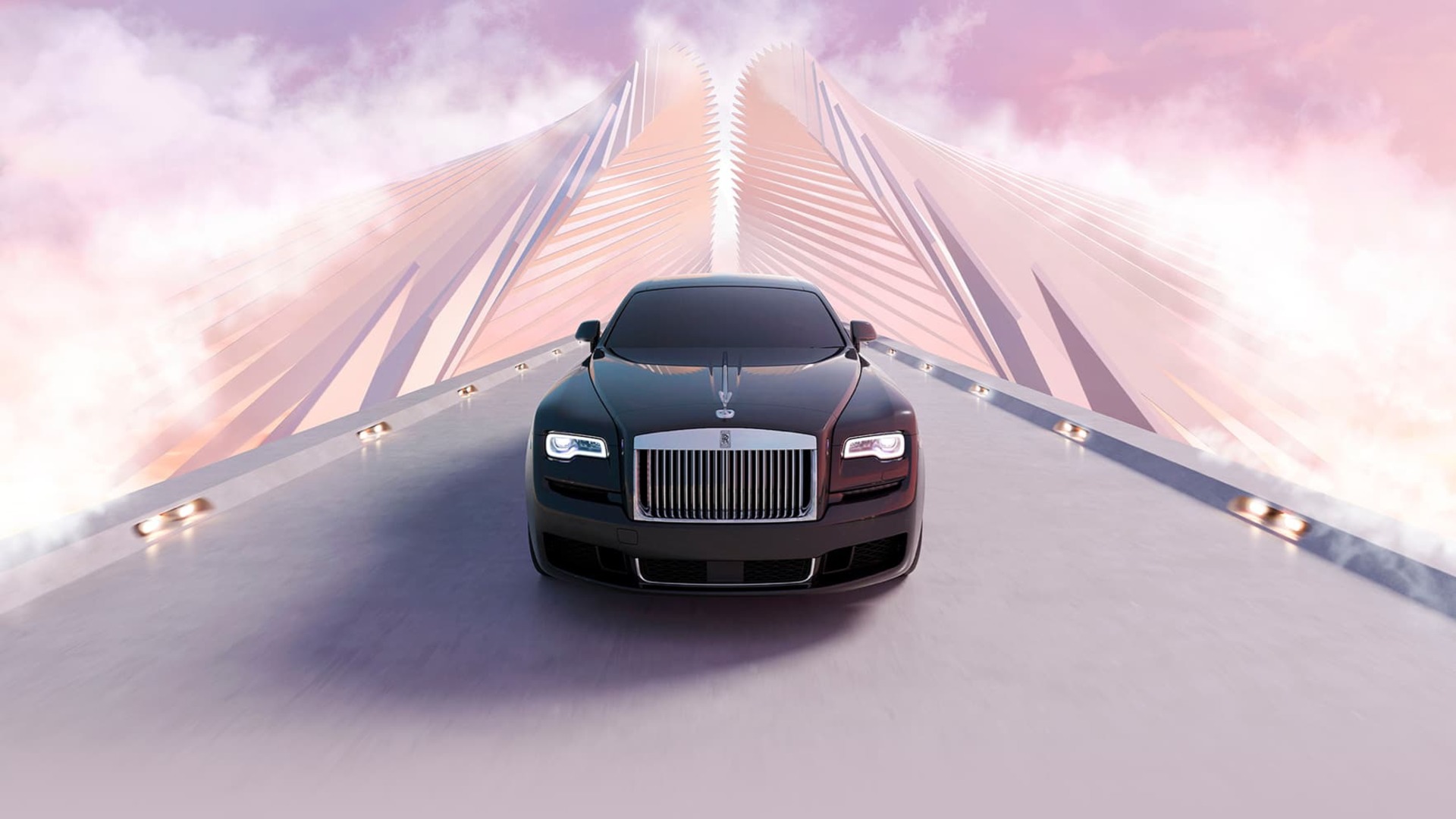 A front-facing black Rolls-Royce Ghost driving down a road extending from the sky, surrounded by clouds and a large pink-toned geometric building