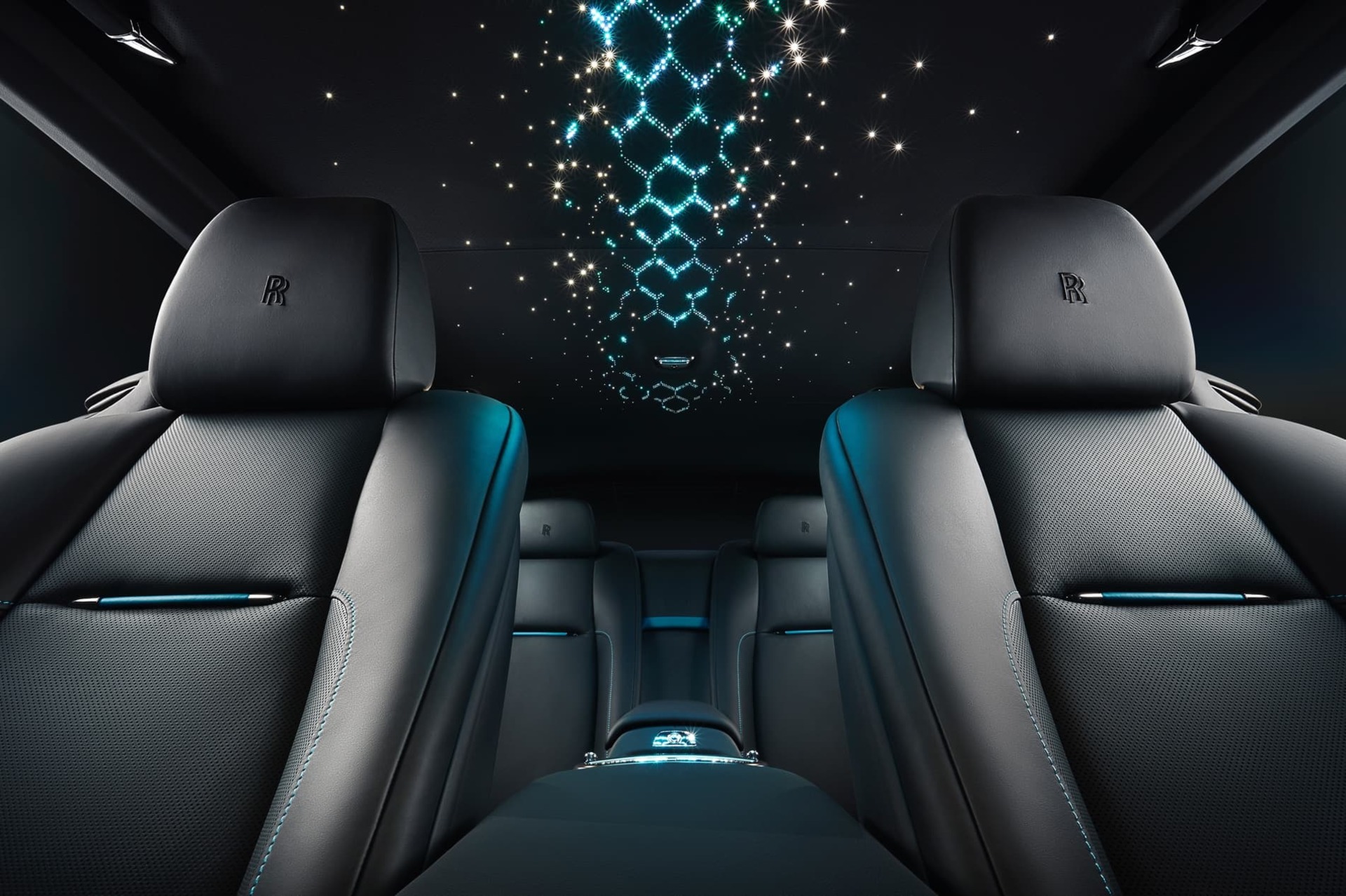 Interior of bespoke Rolls-Royce Wraith Adamas motor car with unique starlight headliner