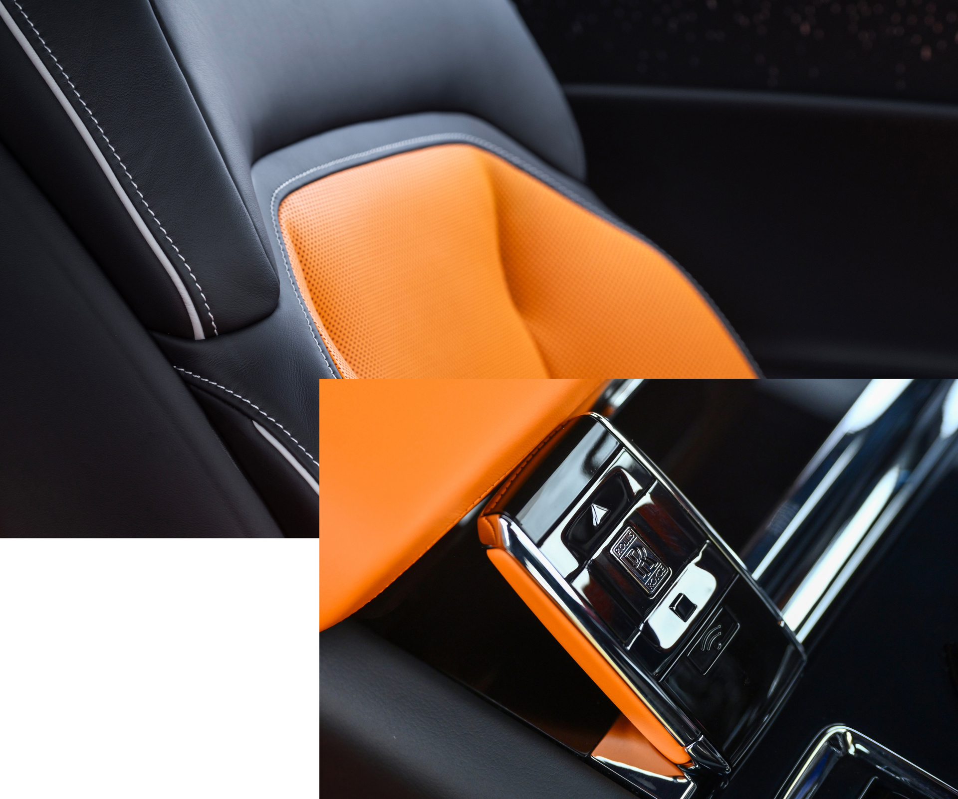 Dual image of the Spectre's interior showing the orange and black seats.