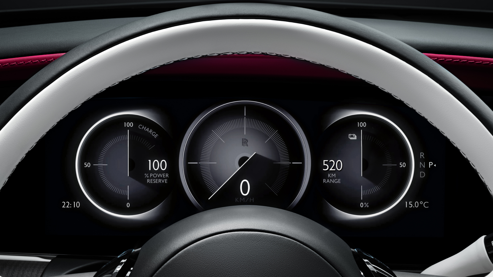 Close view of the dashboard inside a Rolls-Royce Spectre at night