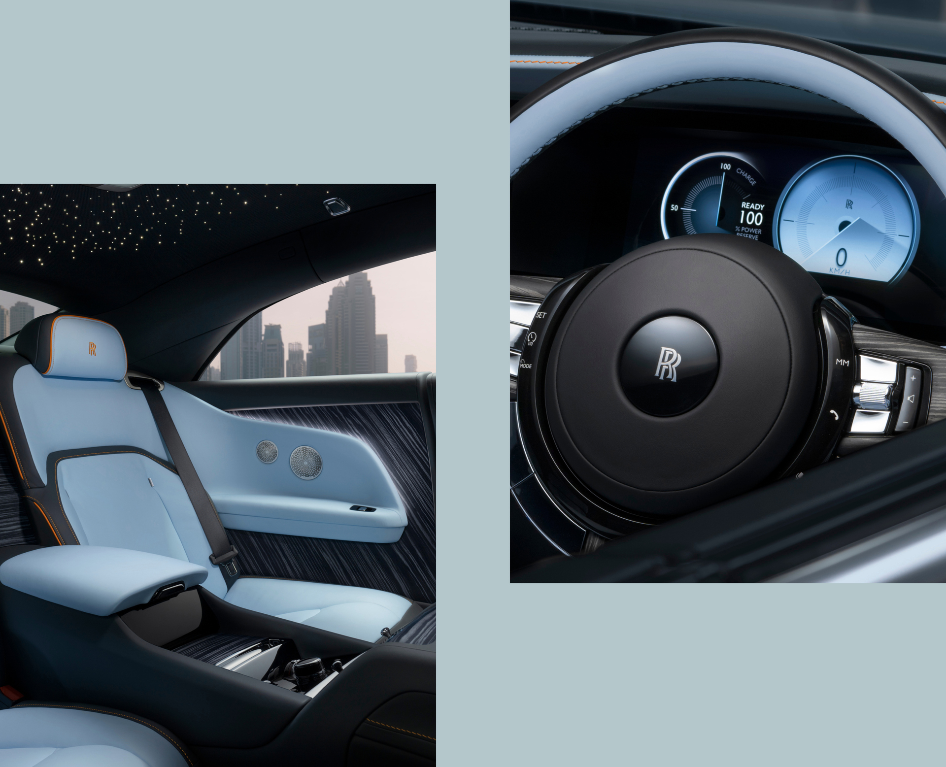 Interior view of the Rolls-Royce Spectre car displaying door panels enhanced with a textural, open-pore veneer on the left and a detail view of its bespoke instrument dials on the right