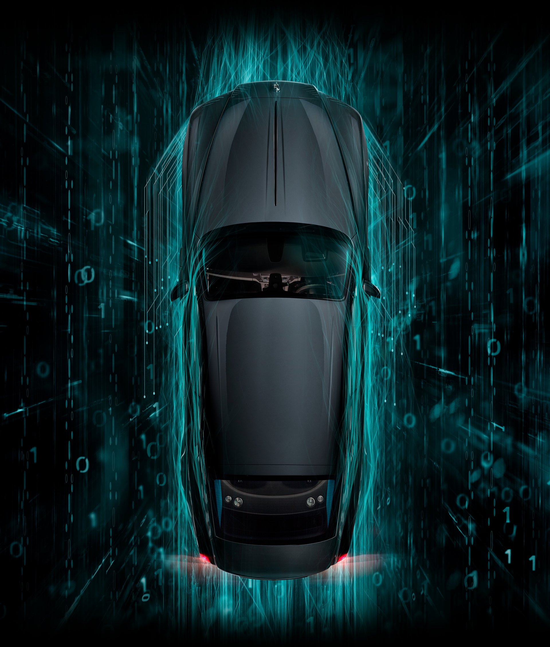 Aerial view of the bespoke Rolls-Royce Wraith Kryptos motor car with futuristic sci-fi background