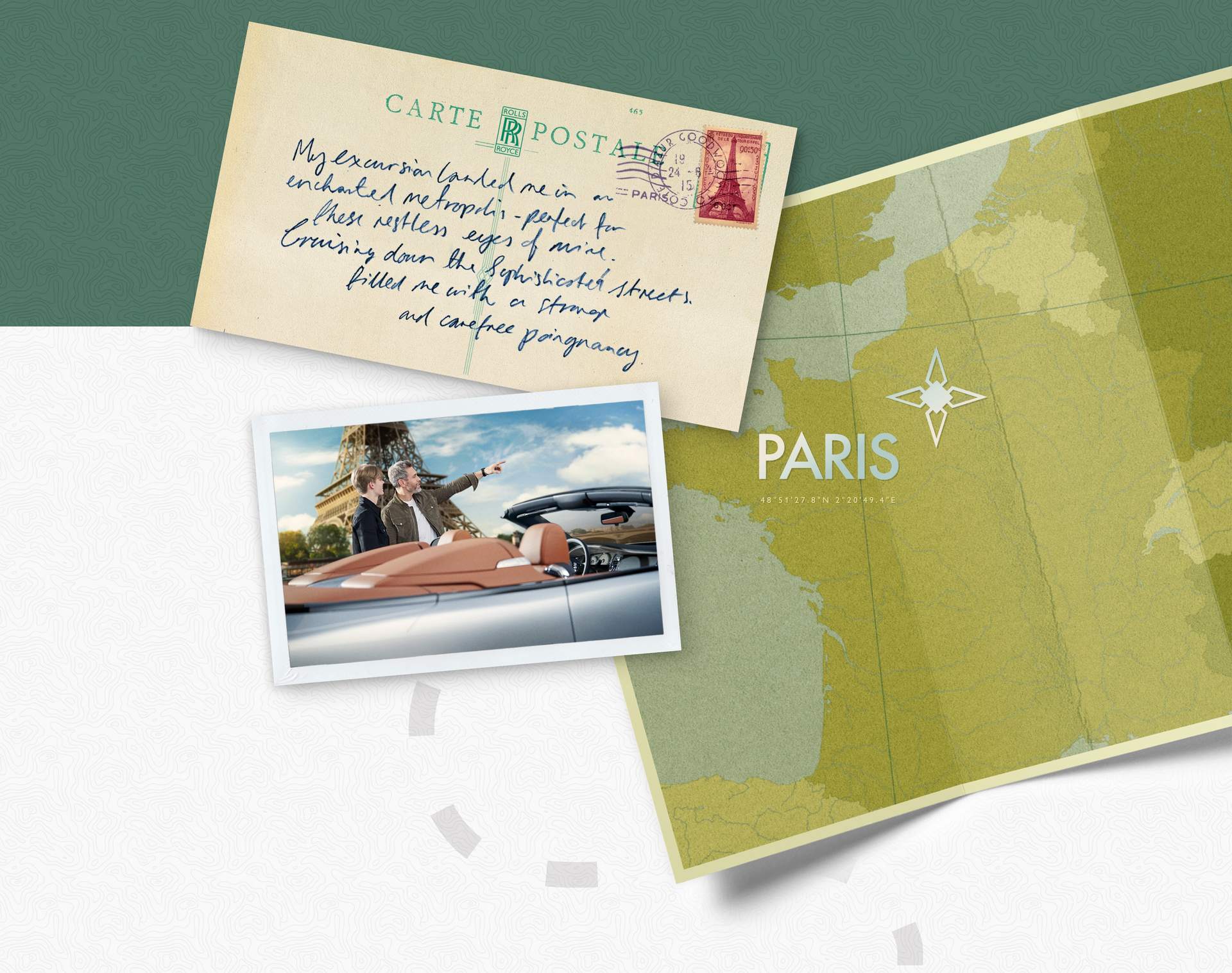 Post card sent from France, map of France with Paris located and photograph of father and son by Rolls-Royce motor car