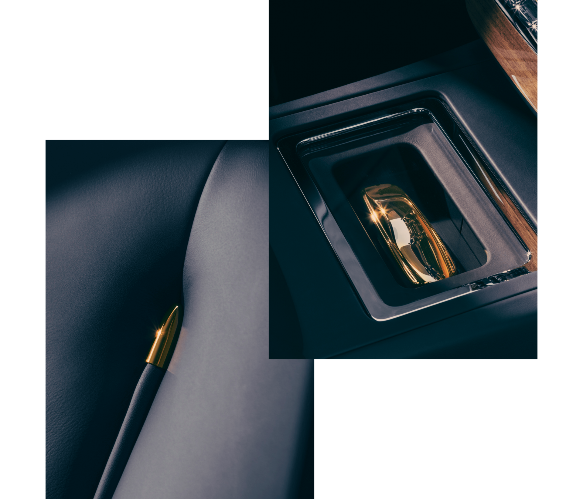 Dual image showing the gold accents inside of the car; one of the seat and another of the centre counsel.